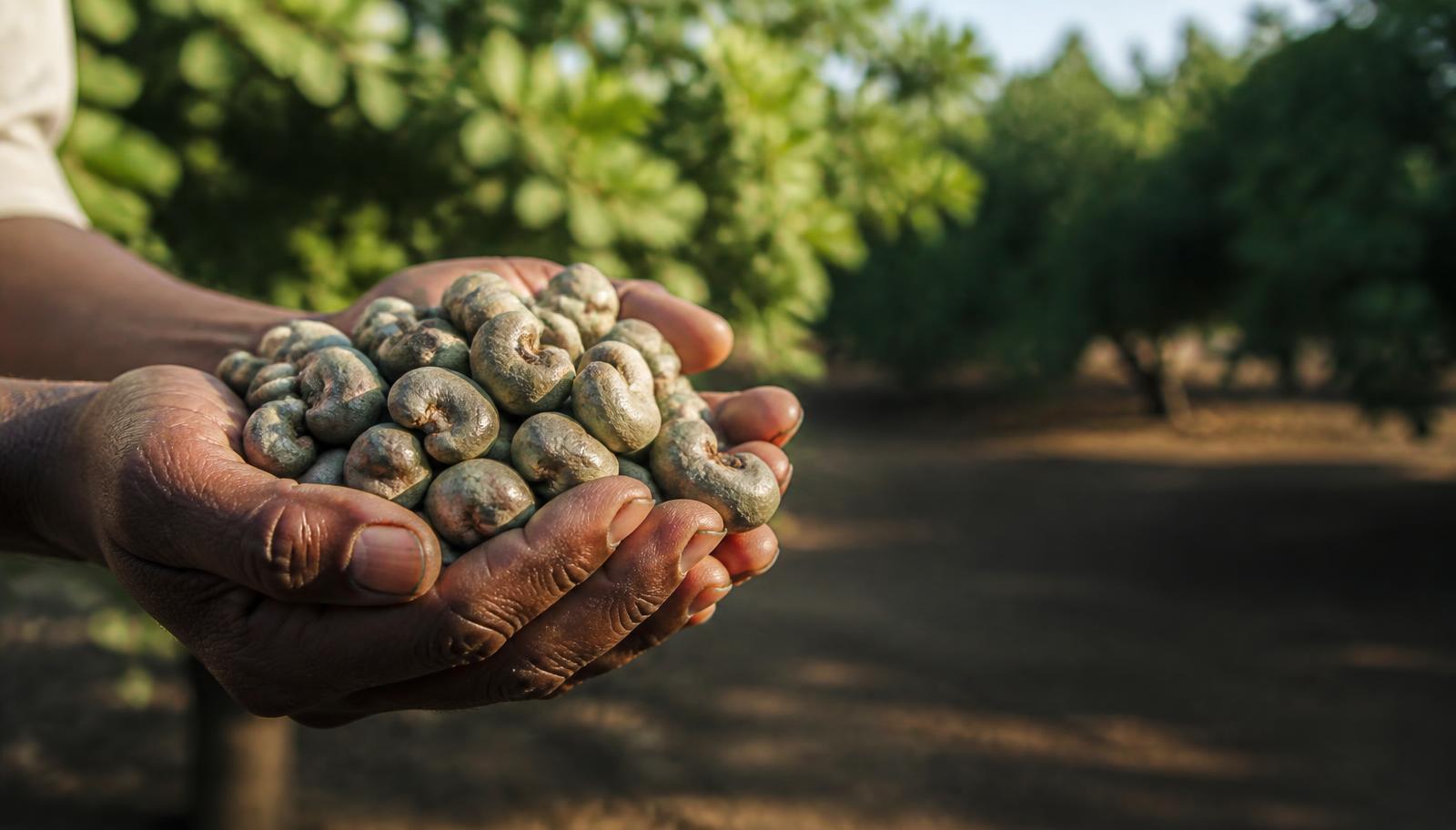 Farmer holding freshly harvested cashews